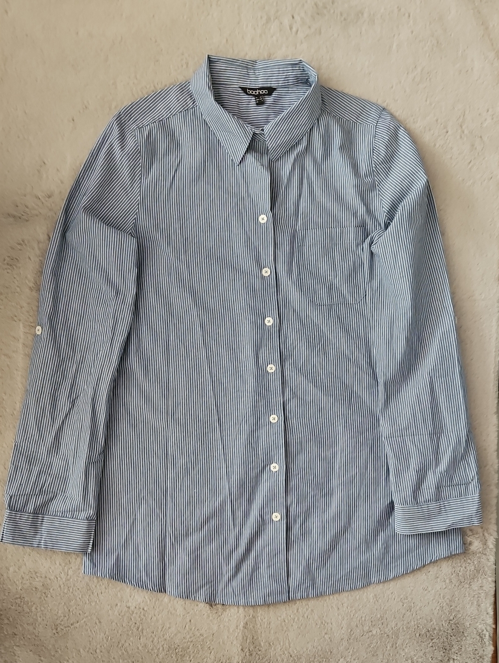 Boohoo Light Blue Pinstripe Button-Up Shirt